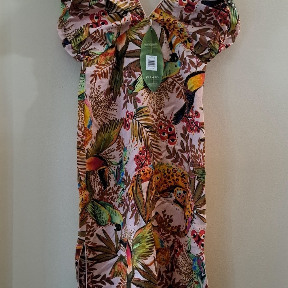 Farm Rio Maxi Dress Pink Tropical Bird Leopard Ruffle Sleeve V Neck M - Picture 7 of 14